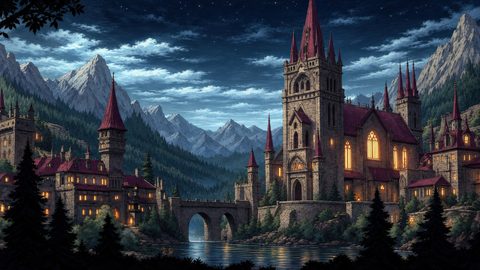 GRID THUMBNAIL — Gothic stone castle with red spires and glowing windows beside a calm river and arched bridge, framed by pines and starlit mountains.