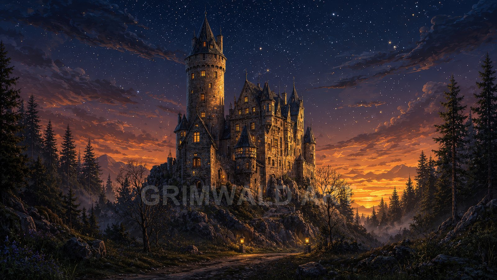Grand stone castle on a rocky hill amid pine trees at twilight, warm windows and lanterns glowing beneath a starry, orange-edged sky.
