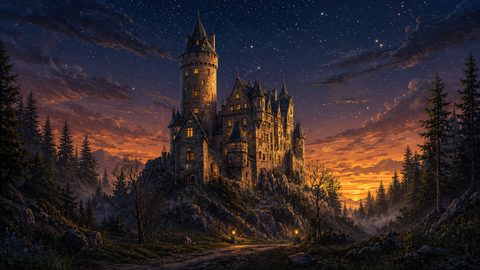GRID THUMBNAIL — Grand stone castle on a rocky hill amid pine trees at twilight, warm windows and lanterns glowing beneath a starry, orange-edged sky.