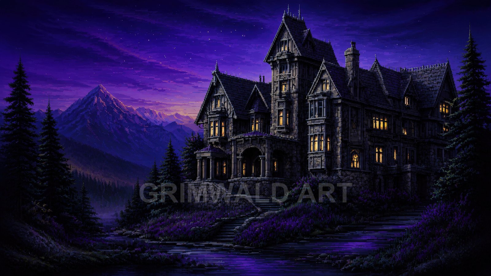 Gothic stone manor with warm glowing windows beside a river, framed by pine trees under a purple twilight sky, mountains looming in the distance.