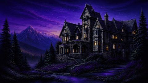 GRID THUMBNAIL — Gothic stone manor with warm glowing windows beside a river, framed by pine trees under a purple twilight sky, mountains looming in the distance.