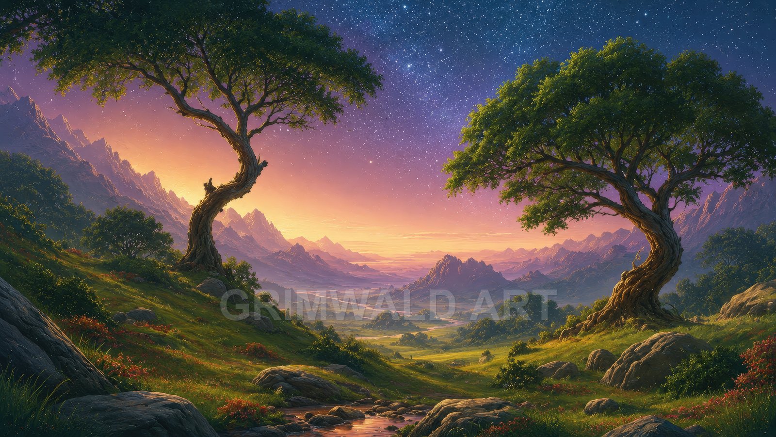 Twisting trees frame a wide valley with rivers and mountains beneath a starry twilight sky, golden light washing meadows, rocks and a small stream.