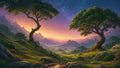 GRID THUMBNAIL — Twisting trees frame a wide valley with rivers and mountains beneath a starry twilight sky, golden light washing meadows, rocks and a small stream.