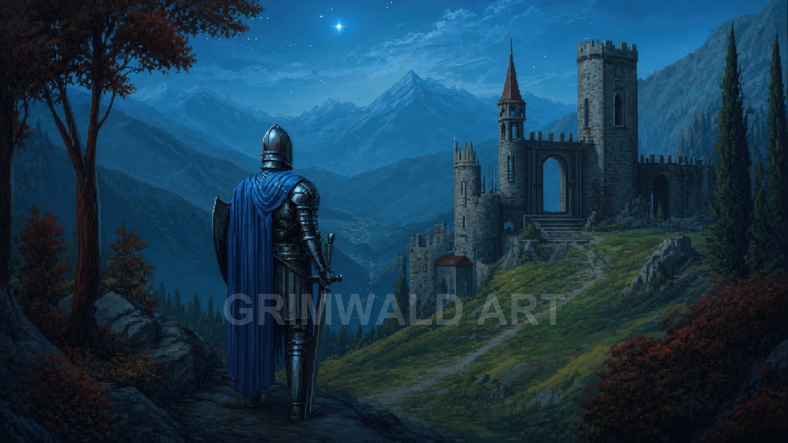 A lone armoured knight in blue cloak stands on a mountain path, gazing toward a stone castle under a deep blue, starry night sky.