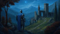 GRID THUMBNAIL — A lone armoured knight in blue cloak stands on a mountain path, gazing toward a stone castle under a deep blue, starry night sky.