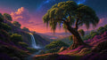 GRID THUMBNAIL — Fantasy valley with ancient willow-like tree, purple flowers, a waterfall and river, distant lakeside city, and starry twilight sky arching overhead.