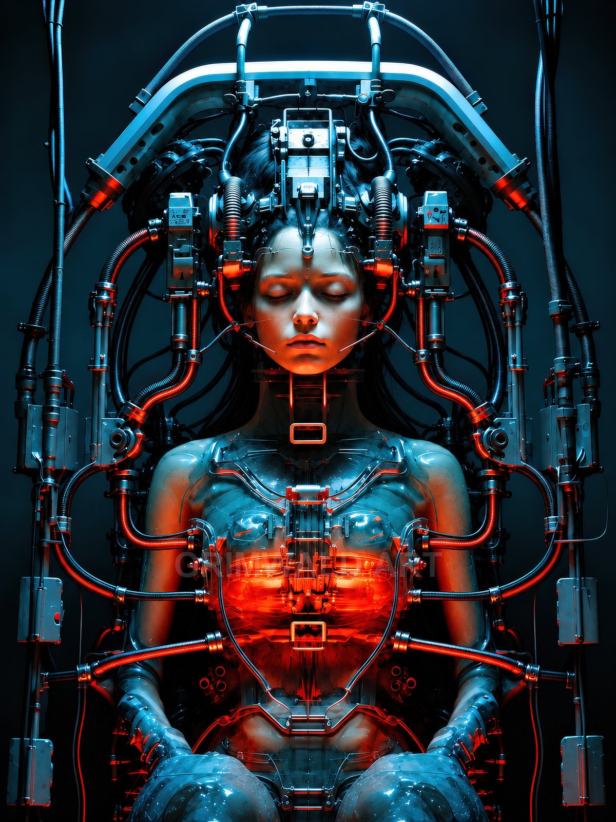 A female cyborg sits in a stasis rig, eyes closed, surrounded by cables and machinery, with a glowing red chest core against blue tones.