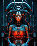 GRID THUMBNAIL — A female cyborg sits in a stasis rig, eyes closed, surrounded by cables and machinery, with a glowing red chest core against blue tones.