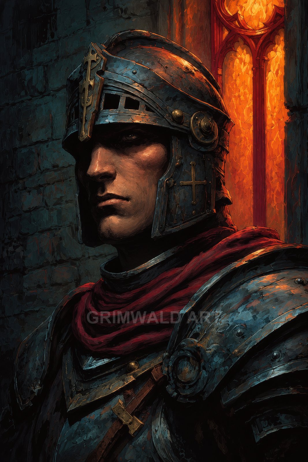 Close-up portrait of a male human knight in battered steel armour and red scarf, lit by glowing orange cathedral window in a dark interior.
