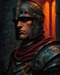 GRID THUMBNAIL — Close-up portrait of a male human knight in battered steel armour and red scarf, lit by glowing orange cathedral window in a dark interior.