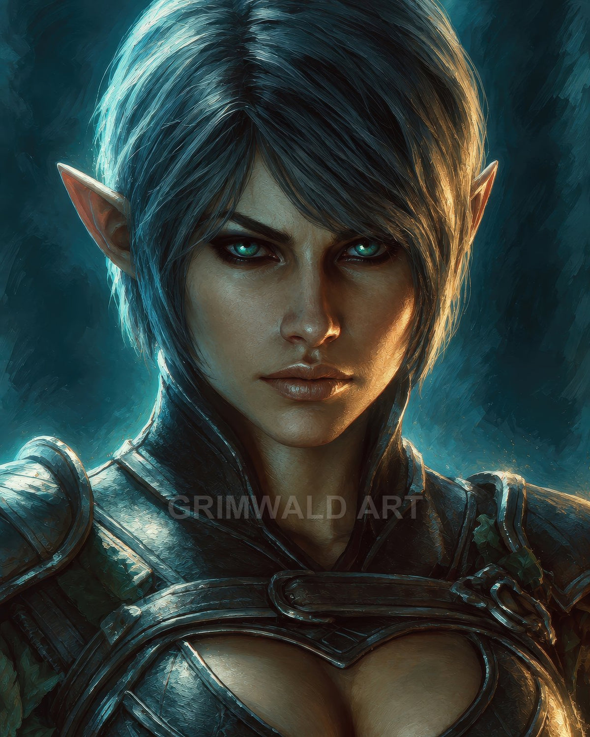 Close-up portrait of a silver-haired female elf in dark armour, glowing teal eyes and pointed ears, lit by cool moonlight and warm rim light.