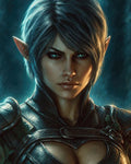 GRID THUMBNAIL — Close-up portrait of a silver-haired female elf in dark armour, glowing teal eyes and pointed ears, lit by cool moonlight and warm rim light.