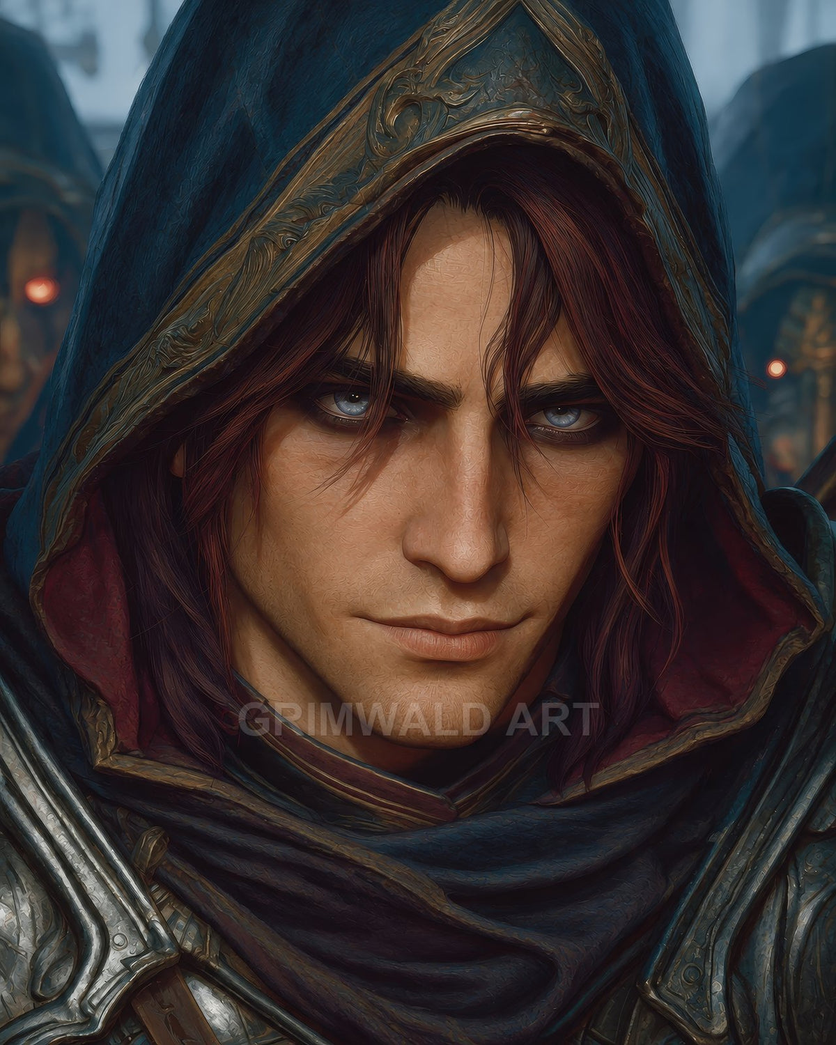 Close-up portrait of a hooded male rogue in dark blue cloak and armour, intense eyes, with shadowy hooded figures blurred in the background.