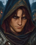 GRID THUMBNAIL — Close-up portrait of a hooded male rogue in dark blue cloak and armour, intense eyes, with shadowy hooded figures blurred in the background.