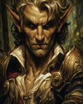 GRID THUMBNAIL — Close-up portrait of a stern male elf in ornate golden armour, with silver hair and pointed ears, forest light bokeh behind.