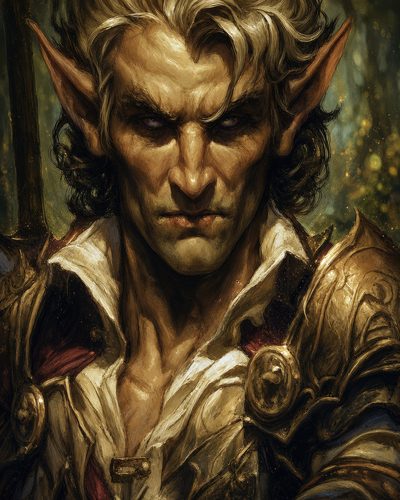 GRID THUMBNAIL — Close-up portrait of a stern male elf in ornate golden armour, with silver hair and pointed ears, forest light bokeh behind.
