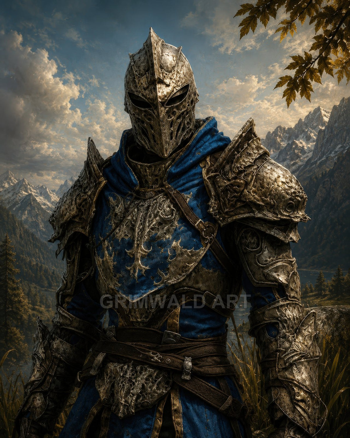 Armoured knight in ornate steel and blue tabard stands before a mountain lake at golden hour, autumn leaves above and rugged peaks beyond.