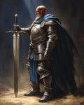 GRID THUMBNAIL — Bearded bald knight in ornate silver armour and a blue cloak stands holding a greatsword point-down, lit by soft shafts against a dark interior.
