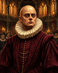 GRID THUMBNAIL — Bald stern nobleman in ornate scarlet brocade and ruff collar stands in a candlelit Gothic hall with stained-glass windows and onlookers.