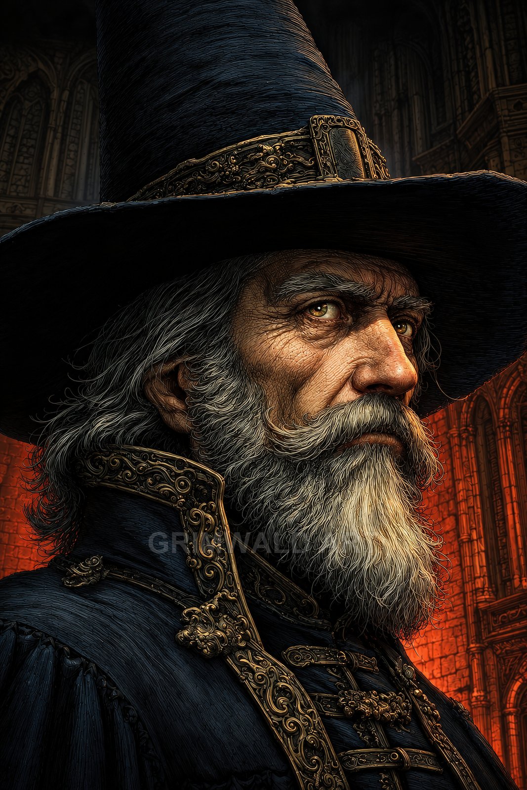 Close-up portrait of an elderly male wizard wearing a tall pointed hat and ornate gold-trimmed robes, firelit within a gothic cathedral, staring intently.