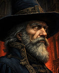 GRID THUMBNAIL — Close-up portrait of an elderly male wizard wearing a tall pointed hat and ornate gold-trimmed robes, firelit within a gothic cathedral, staring intently.
