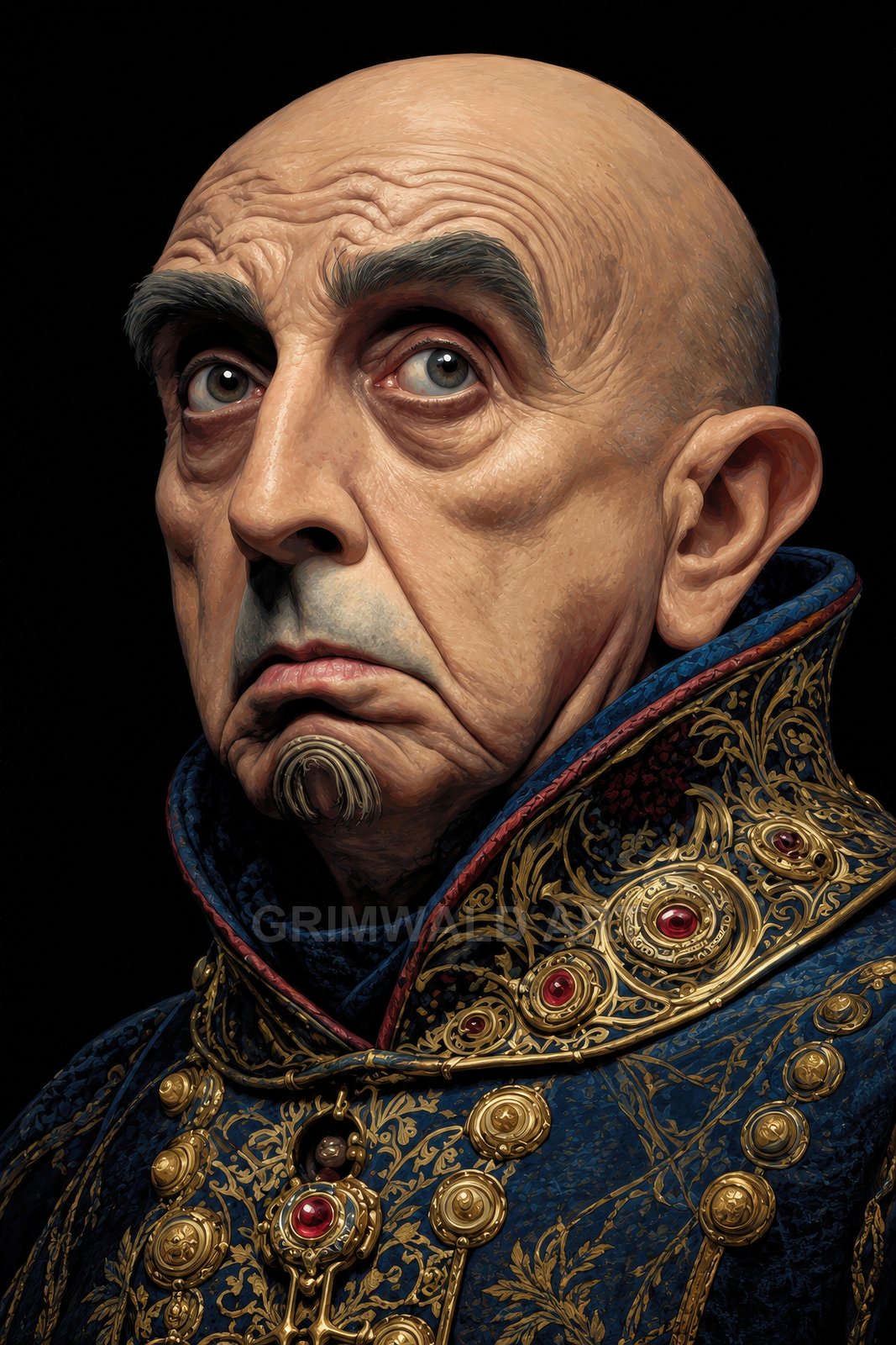Portrait of a bald elderly man in a blue robe with ornate gold filigree and red jewels, staring intensely against a black background.