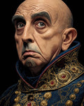 GRID THUMBNAIL — Portrait of a bald elderly man in a blue robe with ornate gold filigree and red jewels, staring intensely against a black background.