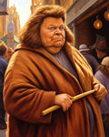 GRID THUMBNAIL — A stern robed figure with a fur-trimmed hood and round spectacles grips a cane on a sunlit city street amid a bustling crowd.
