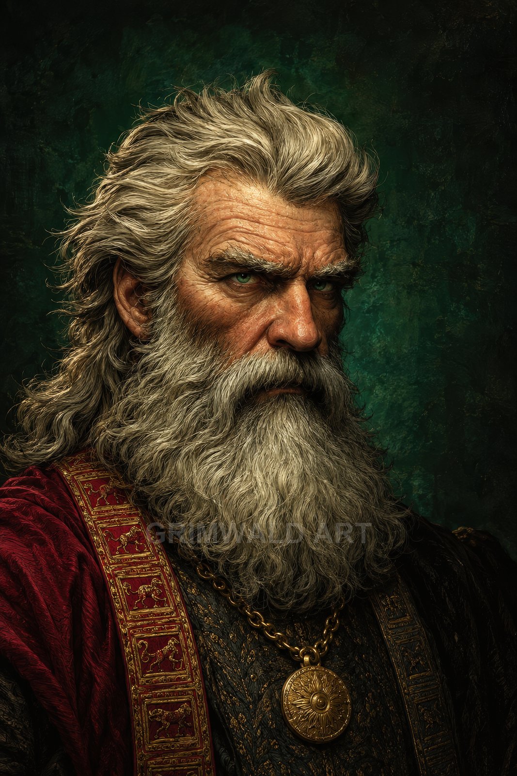 Portrait of a stern elderly man with long grey hair and full beard, wearing ornate red-trimmed robes and gold medallion, against dark green background.