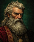 GRID THUMBNAIL — Portrait of a stern elderly man with long grey hair and full beard, wearing ornate red-trimmed robes and gold medallion, against dark green background.
