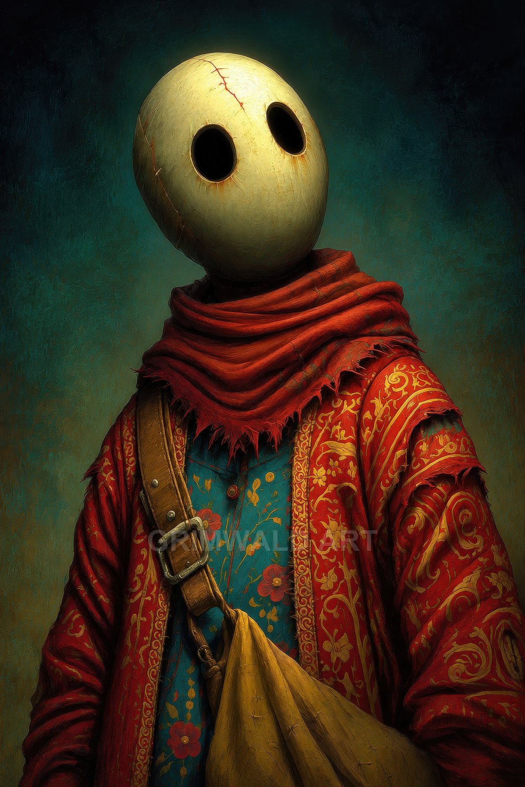 Masked figure with stitched round head, hollow eyes, red patterned robe and scarf, blue floral tunic, leather strap and mustard satchel on teal background.