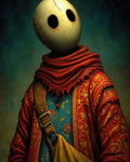 GRID THUMBNAIL — Masked figure with stitched round head, hollow eyes, red patterned robe and scarf, blue floral tunic, leather strap and mustard satchel on teal background.