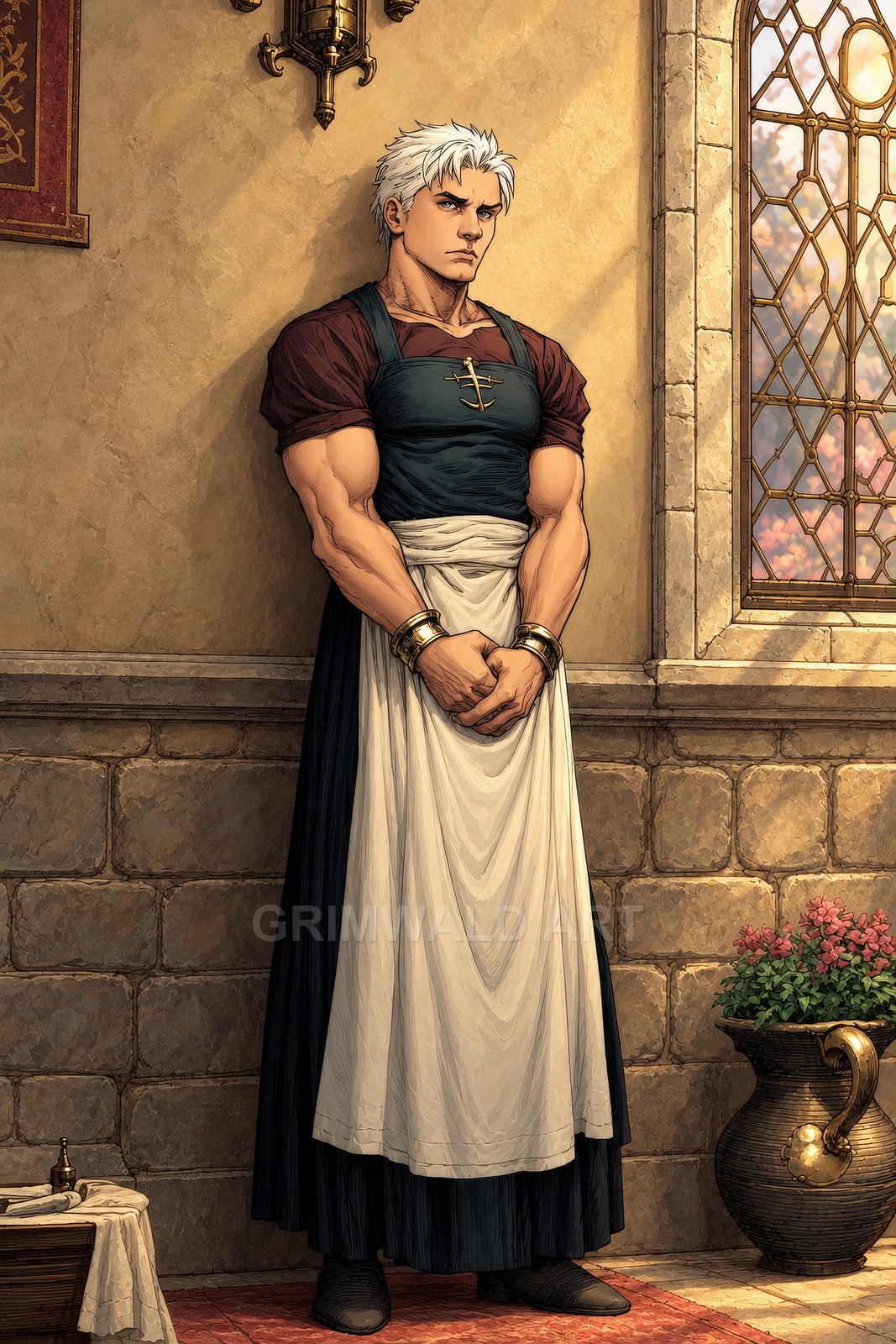 Muscular white-haired man in an apron stands against a stone wall beside a leaded window, sunlit interior with vase and sconce, medieval fantasy style.