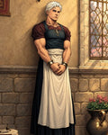 GRID THUMBNAIL — Muscular white-haired man in an apron stands against a stone wall beside a leaded window, sunlit interior with vase and sconce, medieval fantasy style.