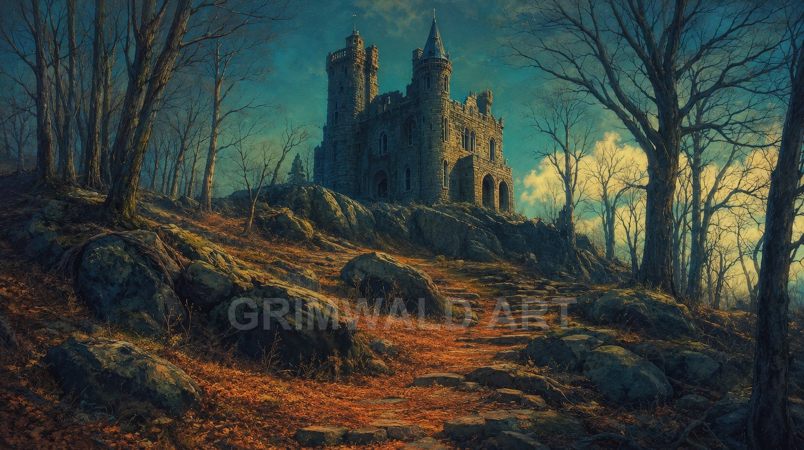 A grey stone castle tops a rocky hill, surrounded by bare autumn trees and leaf-strewn ground, reached by winding stone steps under teal evening light.