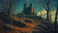 GRID THUMBNAIL — A grey stone castle tops a rocky hill, surrounded by bare autumn trees and leaf-strewn ground, reached by winding stone steps under teal evening light.