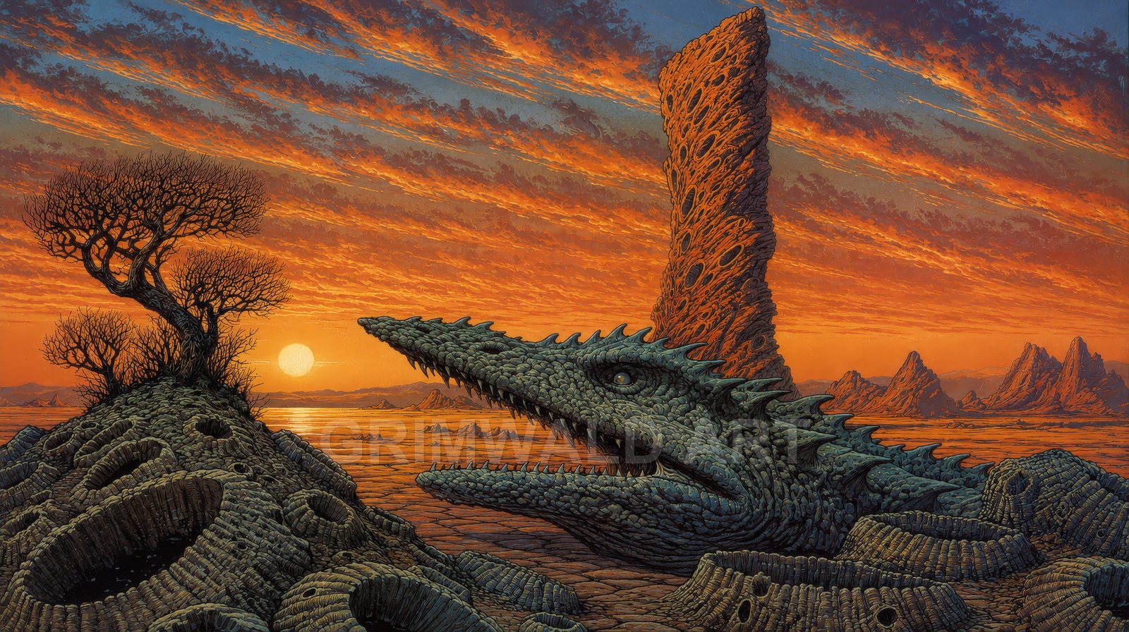 Desert sunset with colossal stone serpent-shaped rock, perforated monolith, twisted leafless trees, and distant jagged mountains beneath streaked orange clouds.