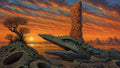 GRID THUMBNAIL — Desert sunset with colossal stone serpent-shaped rock, perforated monolith, twisted leafless trees, and distant jagged mountains beneath streaked orange clouds.