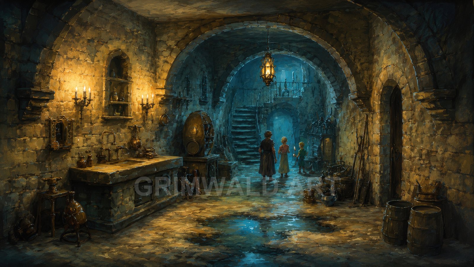 Stone-vaulted dungeon interior with alchemist’s bench, copper apparatus, candles and lantern light, arched passages, spiral stairs, and three figures exploring.