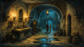 GRID THUMBNAIL — Stone-vaulted dungeon interior with alchemist’s bench, copper apparatus, candles and lantern light, arched passages, spiral stairs, and three figures exploring.
