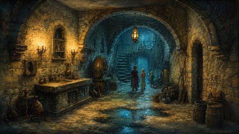 GRID THUMBNAIL — Stone-vaulted dungeon interior with alchemist’s bench, copper apparatus, candles and lantern light, arched passages, spiral stairs, and three figures exploring.