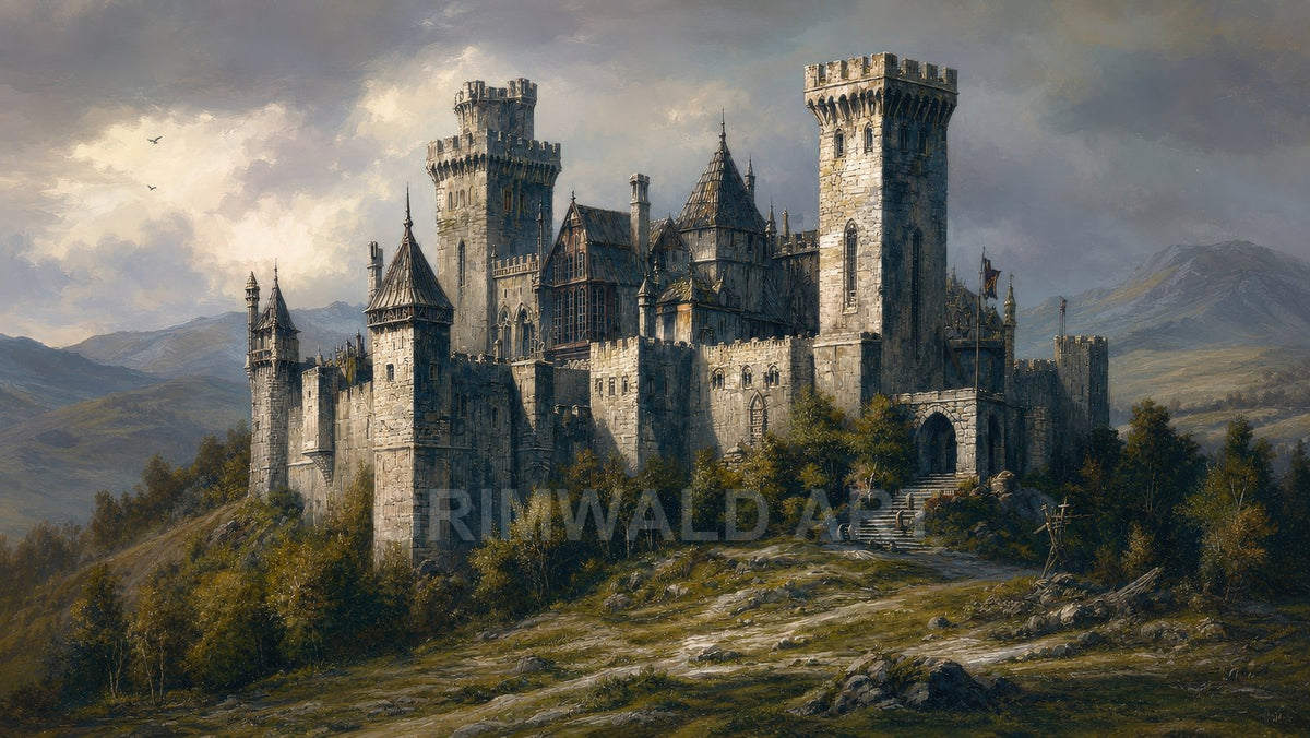 Grand stone castle with multiple towers on a rocky hillside, surrounded by trees and distant mountains under a cloudy daytime sky.
