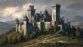 GRID THUMBNAIL — Grand stone castle with multiple towers on a rocky hillside, surrounded by trees and distant mountains under a cloudy daytime sky.
