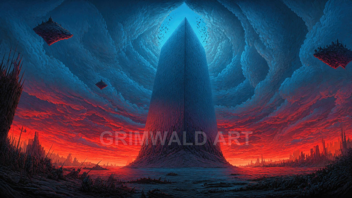 A towering dark monolith dominates a crimson plain beneath swirling blue clouds, with floating fortress-islands and distant ruins suggesting a desolate, otherworldly landscape.