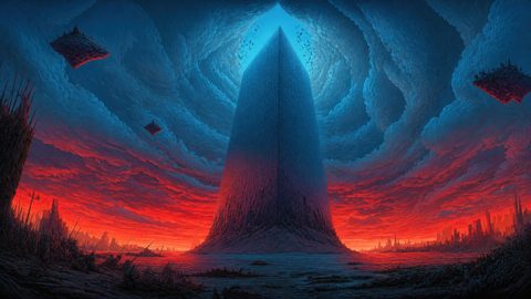GRID THUMBNAIL — A towering dark monolith dominates a crimson plain beneath swirling blue clouds, with floating fortress-islands and distant ruins suggesting a desolate, otherworldly landscape.