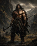 GRID THUMBNAIL — Bare-chested barbarian warrior with long beard stands in a rugged mountain valley, gripping a brutal axe under stormy skies, with armed figures behind.