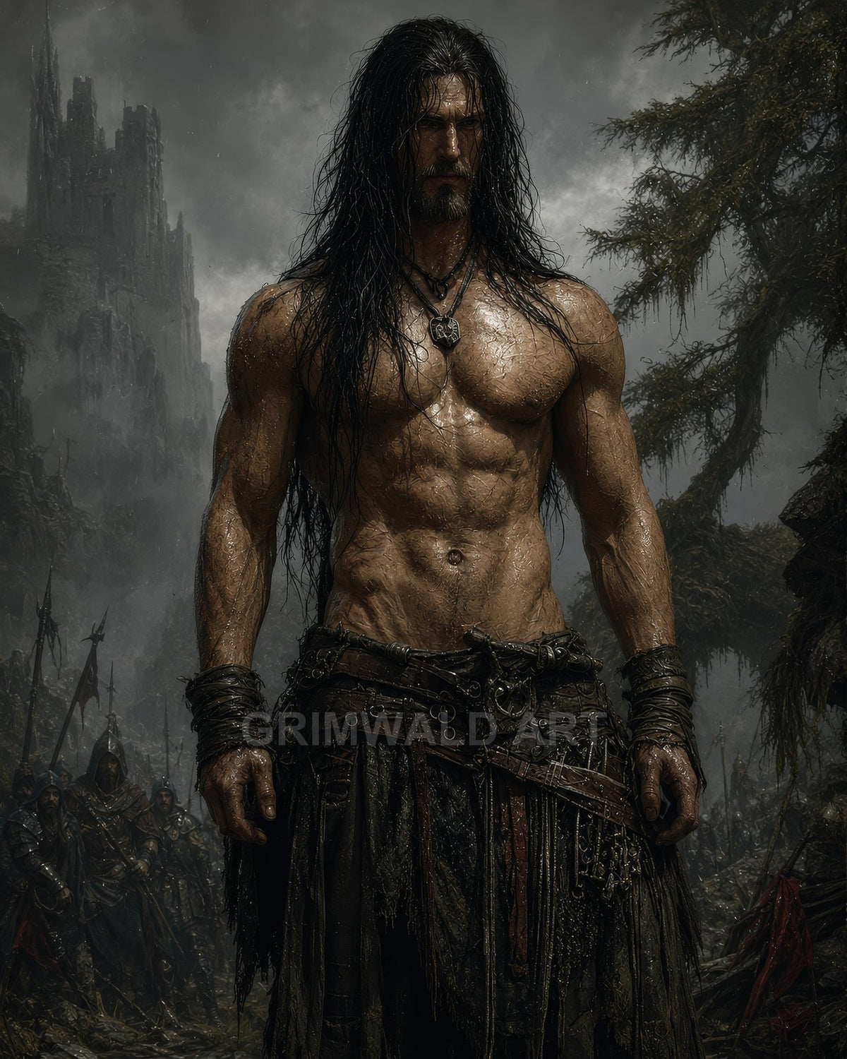 Muscular, mud-smeared barbarian with long wet hair stands before castle ruins and a grim army under dark, stormy skies.