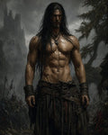 GRID THUMBNAIL — Muscular, mud-smeared barbarian with long wet hair stands before castle ruins and a grim army under dark, stormy skies.