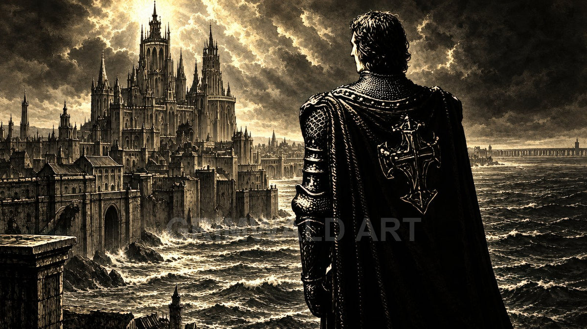 An armoured figure gazes over a vast gothic coastal city as stormy waves batter high seawalls beneath dramatic, cloud-split light in sepia tones.