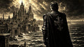GRID THUMBNAIL — An armoured figure gazes over a vast gothic coastal city as stormy waves batter high seawalls beneath dramatic, cloud-split light in sepia tones.